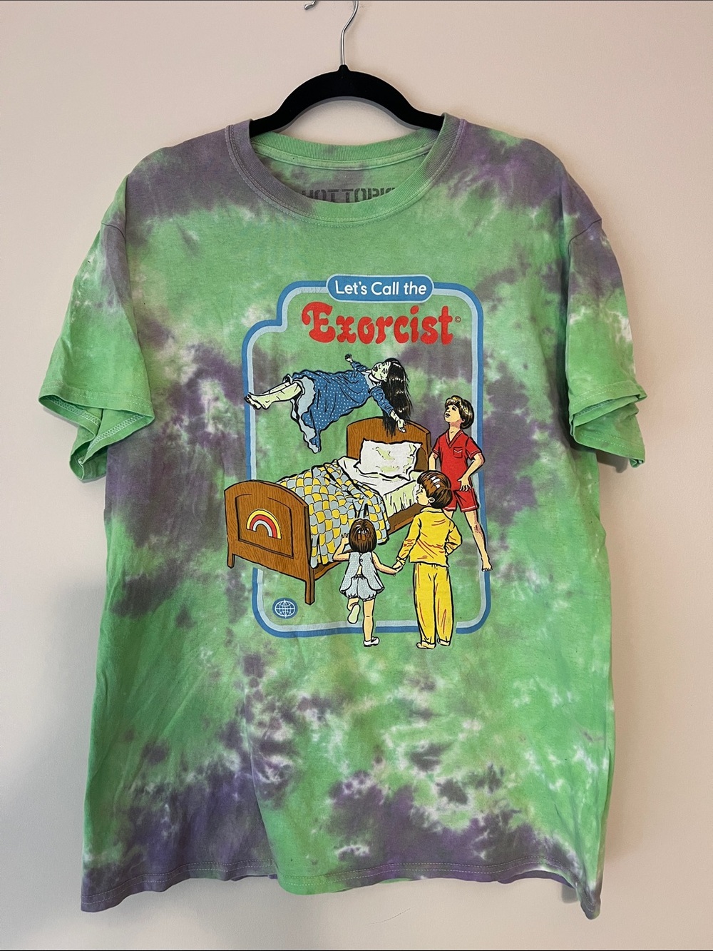 Graphic Tie-Dye Tee "Let's Call the Exorcist" - Green & Purple fits like large